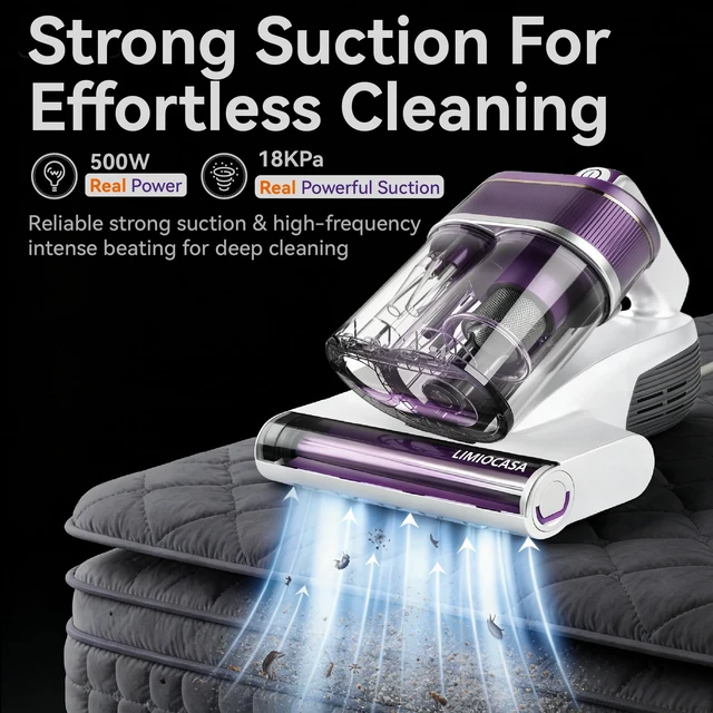 Alt view image 2 of 7 - LIMIOCASA Mattress Vacuum Cleaner for Fresher Sleep with UV-C & HEPA | Bed vacuum cleaner, visible dust sensor, 149°F heat, 16 ft cord, deep-clean bed, sofa, couch, pet areas