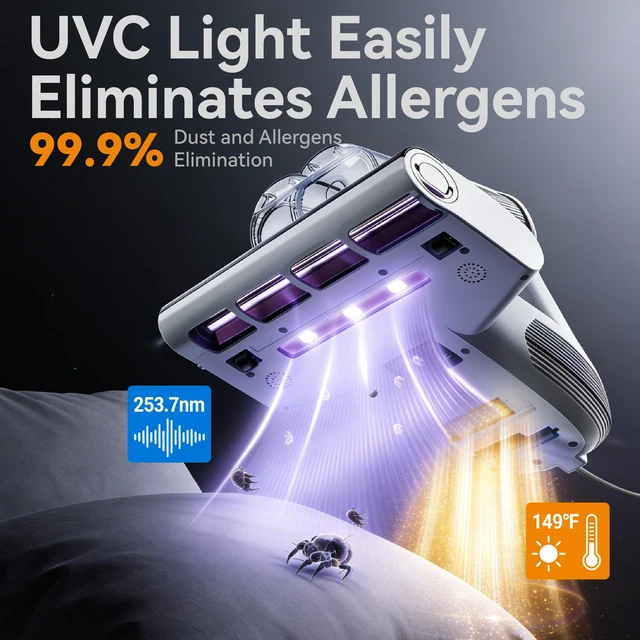 Alt view image 3 of 7 - LIMIOCASA Mattress Vacuum Cleaner for Fresher Sleep with UV-C & HEPA | Bed vacuum cleaner, visible dust sensor, 149°F heat, 16 ft cord, deep-clean bed, sofa, couch, pet areas