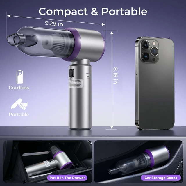 Alt view image 6 of 6 - Handheld Car Vacuum Cordless, 16000Pa 3 Adjustable Strong Suction Vacuum Cleaner & Air Duster 4-in-1 with Multi-Nozzles Type-C Fast Charge Lightweight Portable Hand Vacuum for for Car Pet Home