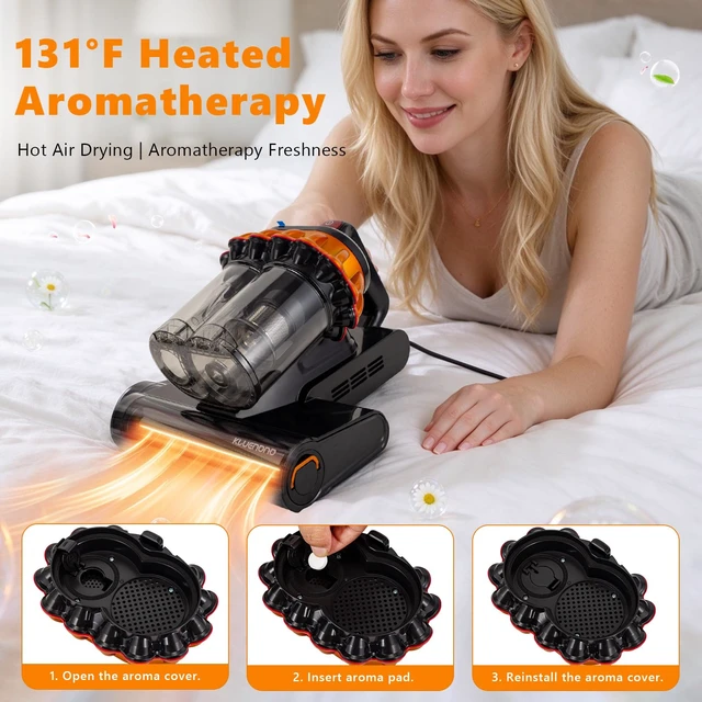 Alt view image 4 of 7 - KLUENONO Bed Mattress Vacuum Cleaner with 253.7nm UV-C Light, Dust Sensor | 2-Speed, Handheld, Dual Cup, One-Touch Empty131°F Heat, Ultrasonic, MIF, Deep Clean for Bed, Sofa, Pillow (Corded, Black)