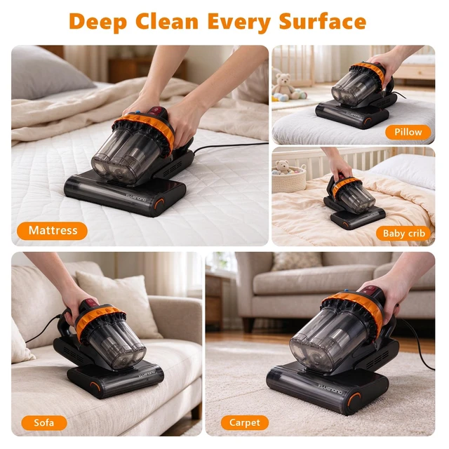 Alt view image 7 of 7 - KLUENONO Bed Mattress Vacuum Cleaner with 253.7nm UV-C Light, Dust Sensor | 2-Speed, Handheld, Dual Cup, One-Touch Empty131°F Heat, Ultrasonic, MIF, Deep Clean for Bed, Sofa, Pillow (Corded, Black)