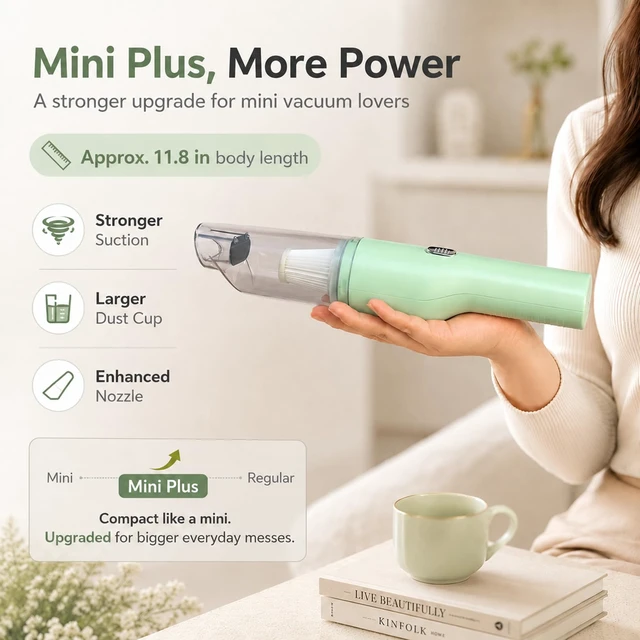 Alt view image 2 of 7 - Mini Plus Handheld Vacuum for Car, Desk, Keyboard, Pet Hair, Mint Green | Quick Cleanups, Tight Spaces, Rechargeable Portable, Crumbs, Sofa, Drawers, Seat Gaps, Washable Filter, Easy Storage
