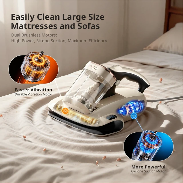 Alt view image 2 of 7 - JIGOO Mattress Vacuum Cleaner UV Sanitizing, Anti-allergen Bed Cleaner with 12Kpa Suction, Handheld Vacuums for Dust & Pet Hair, Effectively Clean Up Bed, Pillows, Cloth Sofas, Carpets