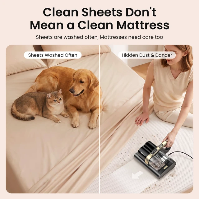 Alt view image 3 of 7 - HEAPETS Mattress Vacuum Cleaner, 16kPa Bed Vacuum with Dual Roller Brushes | For Pet Hair, 275nm UV-C Light, 149°F Hot Air, Ultrasonic Technology, H13 HEPA Filter, Dual Dust Cups, 16.4 ft Cord