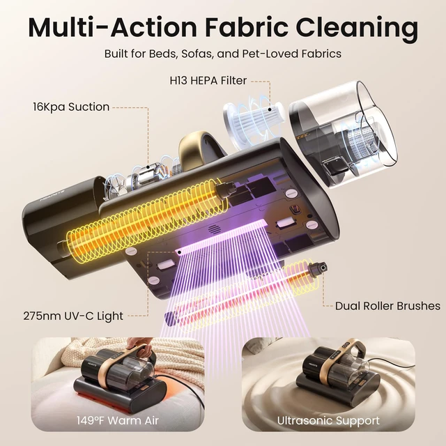 Alt view image 5 of 7 - HEAPETS Mattress Vacuum Cleaner, 16kPa Bed Vacuum with Dual Roller Brushes | For Pet Hair, 275nm UV-C Light, 149°F Hot Air, Ultrasonic Technology, H13 HEPA Filter, Dual Dust Cups, 16.4 ft Cord
