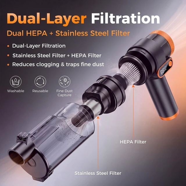 Alt view image 5 of 7 - Bsdgeclogy Cordless Handheld Vacuum, 18000Pa Car Vacuum Brushless Motor | 18000Pa car vacuum with blower & inflator, USB-C charging, HEPA filter, digital display, 2 modes, 30min runtime.