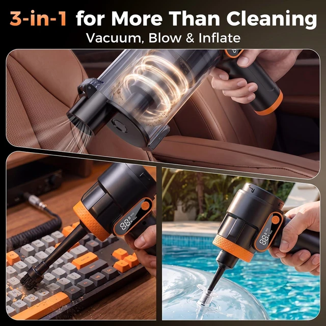 Alt view image 7 of 7 - Bsdgeclogy Cordless Handheld Vacuum, 18000Pa Car Vacuum Brushless Motor | 18000Pa car vacuum with blower & inflator, USB-C charging, HEPA filter, digital display, 2 modes, 30min runtime.
