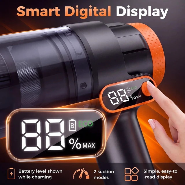 Alt view image 6 of 7 - Bsdgeclogy Cordless Handheld Vacuum, 18000Pa Car Vacuum Brushless Motor | 18000Pa car vacuum with blower & inflator, USB-C charging, HEPA filter, digital display, 2 modes, 30min runtime.