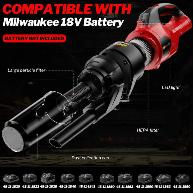 Alt view image 3 of 7 - Cordless Vacuum Cleaner for Milwaukee 18V Battery, 6 in 1 Handheld Electric Vacuum Cleaner with HEPA Filter and LED Light, 46 CFM Portable Hand Vacuum for Floor, Carpet, Car (Battery Not Included)