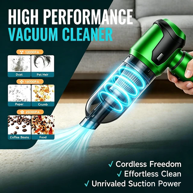 Alt view image 3 of 7 - uxen Handheld Vacuum Cleaner Car Cordless, 26000Pa 4-in-1 Powerful Car Vacuum Cleaner, Portable Mini Vacuum Air Duster, 3 Speed Vacuum for Car, Home, Pet Hair, Green