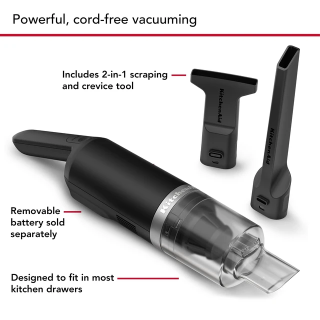 Alt view image 3 of 6 - KitchenAid Go Cordless Kitchen Vacuum, Battery Sold Separately, KKVR100 | Cordless, Sleek and Compact Design, 2-in-1 Wide Mouth Scraper and Crevice tool included, Battery Sold Separately, Black Matte