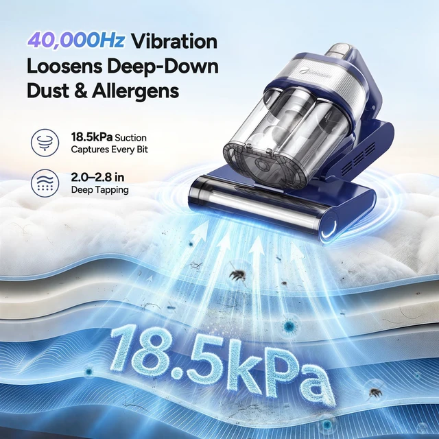 Alt view image 3 of 7 - DR.PREPARE Cordless Mattress Vacuum Cleaner, 18.5Kpa Suction Bed Vacuum | Vacuum Cleaner with Brushless Motor,Dust Sensor, 80000RPM, 253.7nm UV-C Light, 0.8L Large Triple-Cup for Mattress,Crib & Sofa