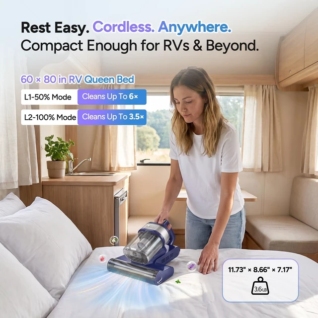 Alt view image 5 of 7 - DR.PREPARE Cordless Mattress Vacuum Cleaner, 18.5Kpa Suction Bed Vacuum | Vacuum Cleaner with Brushless Motor,Dust Sensor, 80000RPM, 253.7nm UV-C Light, 0.8L Large Triple-Cup for Mattress,Crib & Sofa