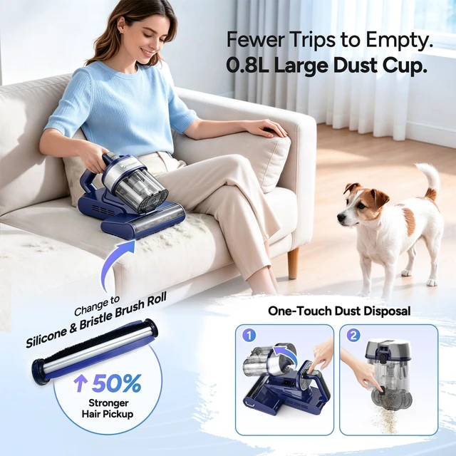 Alt view image 6 of 7 - DR.PREPARE Cordless Mattress Vacuum Cleaner, 18.5Kpa Suction Bed Vacuum | Vacuum Cleaner with Brushless Motor,Dust Sensor, 80000RPM, 253.7nm UV-C Light, 0.8L Large Triple-Cup for Mattress,Crib & Sofa