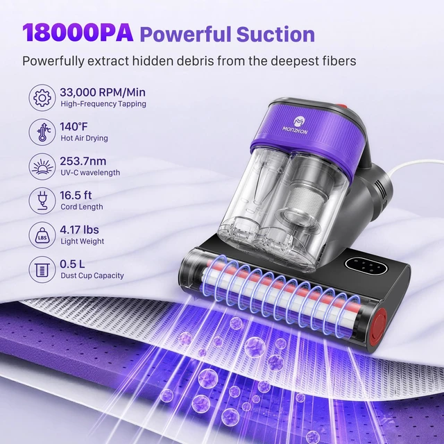 Alt view image 2 of 7 - WFEVL Mattress Vacuum Cleaner, 18kPa Suction Handheld Bed VacuumCorded | Dual Dust Cup, UV-C Light & Heating,16.5FT Cord, 0.5L Dust TankHEPA Filter, Handheld Vacuum for Bed, Sofa, Couch, Crib