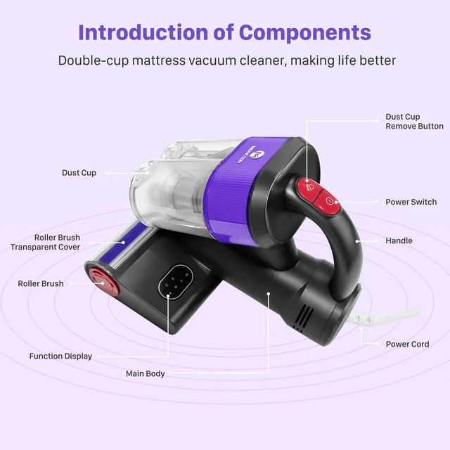 Alt view image 4 of 7 - WFEVL Mattress Vacuum Cleaner, 18kPa Suction Handheld Bed VacuumCorded | Dual Dust Cup, UV-C Light & Heating,16.5FT Cord, 0.5L Dust TankHEPA Filter, Handheld Vacuum for Bed, Sofa, Couch, Crib