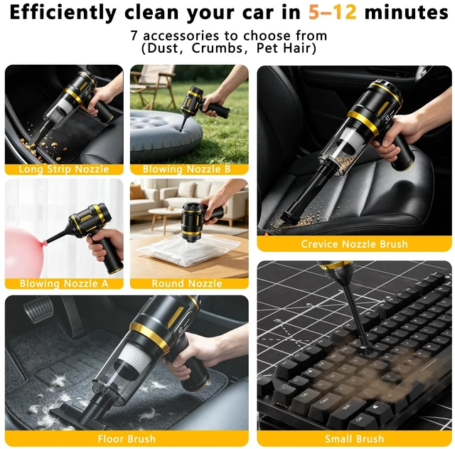Alt view image 3 of 7 - Loiccky Car Vacuum Portable Cordless - 22000Pa Suction & 7-in-1 Pump | 126k RPM brushless motor Handheld Vacuum Cleaner & 120W power offer 3 modes. USB rechargeable for car, home, & office