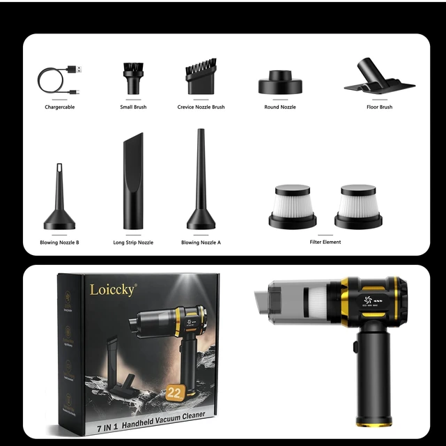 Alt view image 7 of 7 - Loiccky Car Vacuum Portable Cordless - 22000Pa Suction & 7-in-1 Pump | 126k RPM brushless motor Handheld Vacuum Cleaner & 120W power offer 3 modes. USB rechargeable for car, home, & office