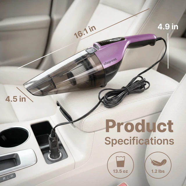 Alt view image 3 of 7 - Shop-Vac S1 12V Car Vacuum Portable, Cigarette Lighter Plug, Purple | Dual-Speed Powerful Handheld Vacuum with Multiple Nozzles, Hand Vacuum for Deep Interior Detail Cleaning, 10 FT Cord