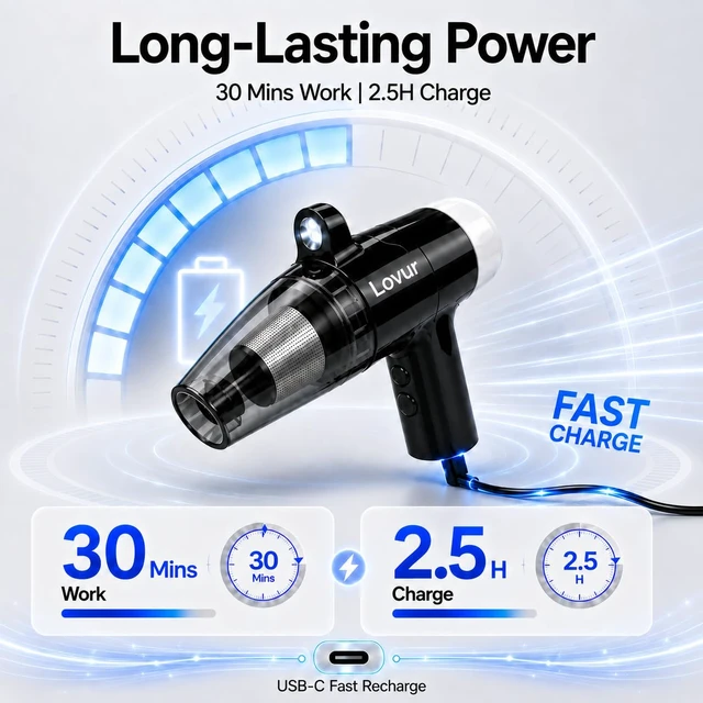Alt view image 4 of 7 - Lovur Handheld Vacuum Cleaner, 10000Pa Cordless Car Vacuum with LED Light | 5-in-1 Cordless Vacuum with 10000Pa Suction, LED Light, HEPA Filter and Multi-Nozzles for Car & Home