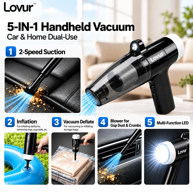 Alt view image 2 of 7 - Lovur Handheld Vacuum Cleaner, 10000Pa Cordless Car Vacuum with LED Light | 5-in-1 Cordless Vacuum with 10000Pa Suction, LED Light, HEPA Filter and Multi-Nozzles for Car & Home