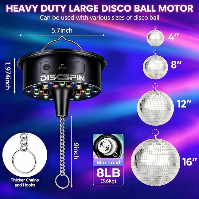 Alt view image 2 of 7 - Disco Ball Motor with Remote, 30 RGBW Sound Light, 1-8 RPM Spinner (4-16") | 5 One-Tap Preset Mood Modes, 12 Colors, Rated 8 lbs Heavy Duty for 4-16 Inch Globes, 16.4ft USB & Battery Dual Power