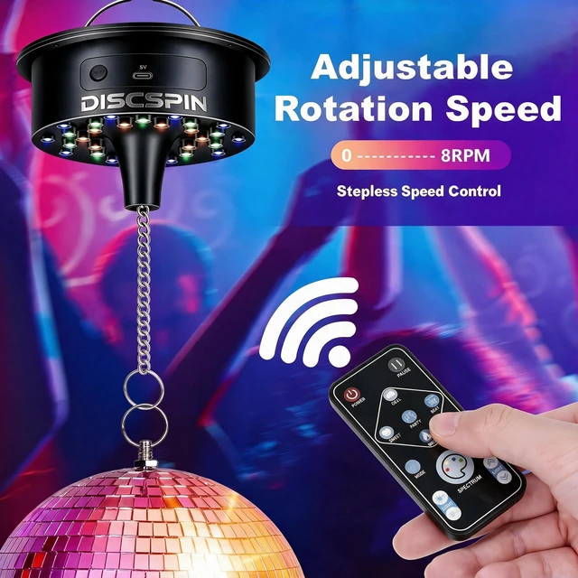 Alt view image 3 of 7 - Disco Ball Motor with Remote, 30 RGBW Sound Light, 1-8 RPM Spinner (4-16") | 5 One-Tap Preset Mood Modes, 12 Colors, Rated 8 lbs Heavy Duty for 4-16 Inch Globes, 16.4ft USB & Battery Dual Power