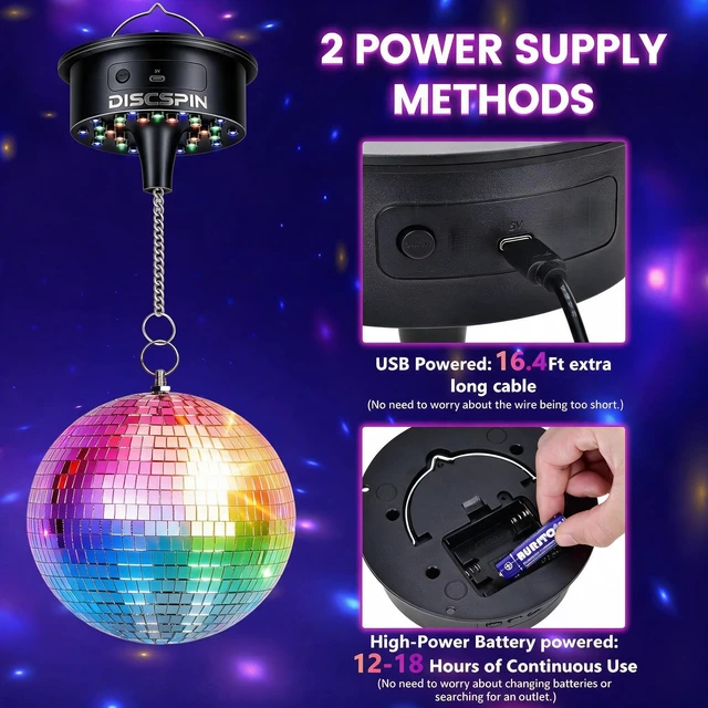 Alt view image 4 of 7 - Disco Ball Motor with Remote, 30 RGBW Sound Light, 1-8 RPM Spinner (4-16") | 5 One-Tap Preset Mood Modes, 12 Colors, Rated 8 lbs Heavy Duty for 4-16 Inch Globes, 16.4ft USB & Battery Dual Power