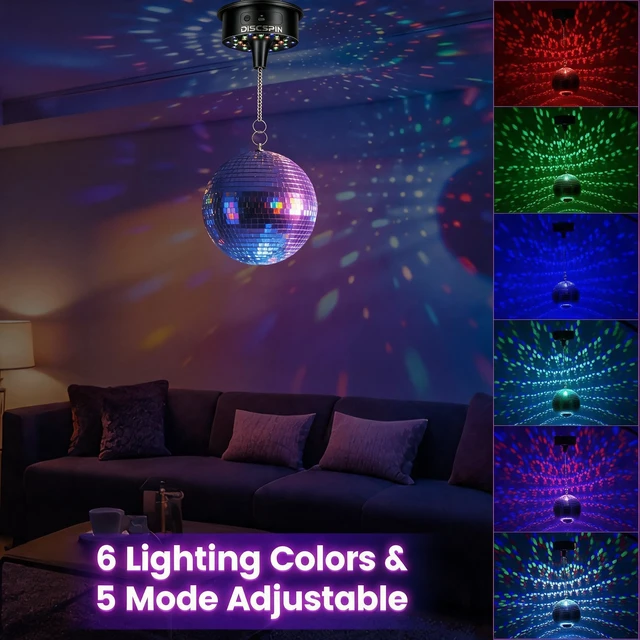 Alt view image 5 of 7 - Disco Ball Motor with Remote, 30 RGBW Sound Light, 1-8 RPM Spinner (4-16") | 5 One-Tap Preset Mood Modes, 12 Colors, Rated 8 lbs Heavy Duty for 4-16 Inch Globes, 16.4ft USB & Battery Dual Power