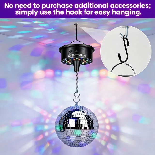 Alt view image 6 of 7 - Disco Ball Motor with Remote, 30 RGBW Sound Light, 1-8 RPM Spinner (4-16") | 5 One-Tap Preset Mood Modes, 12 Colors, Rated 8 lbs Heavy Duty for 4-16 Inch Globes, 16.4ft USB & Battery Dual Power