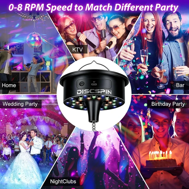 Alt view image 7 of 7 - Disco Ball Motor with Remote, 30 RGBW Sound Light, 1-8 RPM Spinner (4-16") | 5 One-Tap Preset Mood Modes, 12 Colors, Rated 8 lbs Heavy Duty for 4-16 Inch Globes, 16.4ft USB & Battery Dual Power