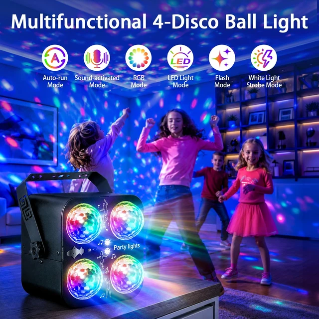 Alt view image 3 of 7 - Disco Ball Party Lights, 4 Disco Balls Lights Sound Activated for Parties | DJ Disco Lights with Remote Control,RGB Strobe Light Type-CUSB Portable Stage Light for Birthday Halloween Christmas Karaoke