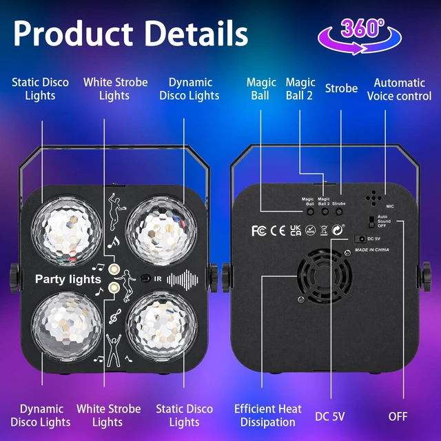 Alt view image 6 of 7 - Disco Ball Party Lights, 4 Disco Balls Lights Sound Activated for Parties | DJ Disco Lights with Remote Control,RGB Strobe Light Type-CUSB Portable Stage Light for Birthday Halloween Christmas Karaoke