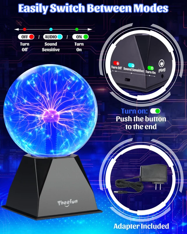 Alt view image 6 of 6 - Theefun Plasma Ball 6 Inch Plasma Lamp Touch & Sound Sensitive Plasma Globe | Blue Electric Lighting Novelty Light for Parties, Home, Prop, Room Decoration