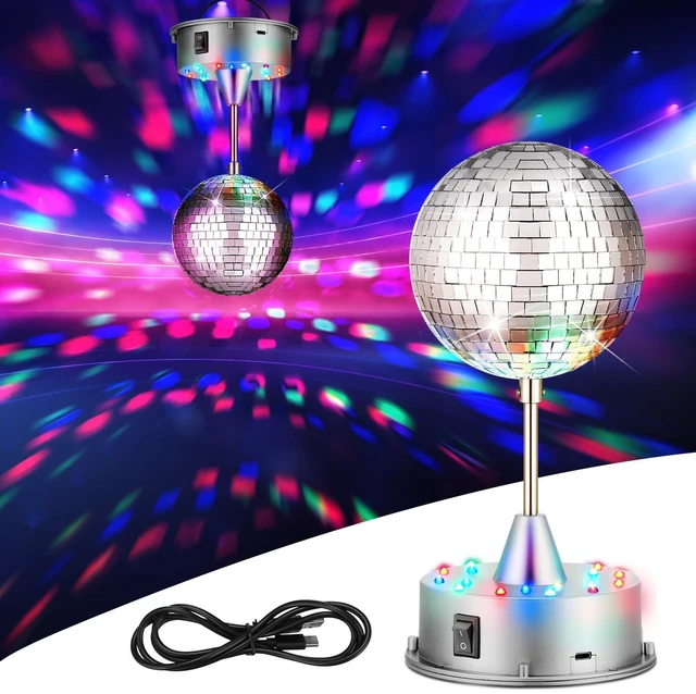 Main image of Retisee Disco Ball Light 5" Mirror Ball Motor Hanging Rotating, Silver | Disco 90s Party Decor, 5rpm with 3 Light Color and 18 LED, Hanging and Table 2 Use, Wedding Bar Club Band Stage Home Birthday