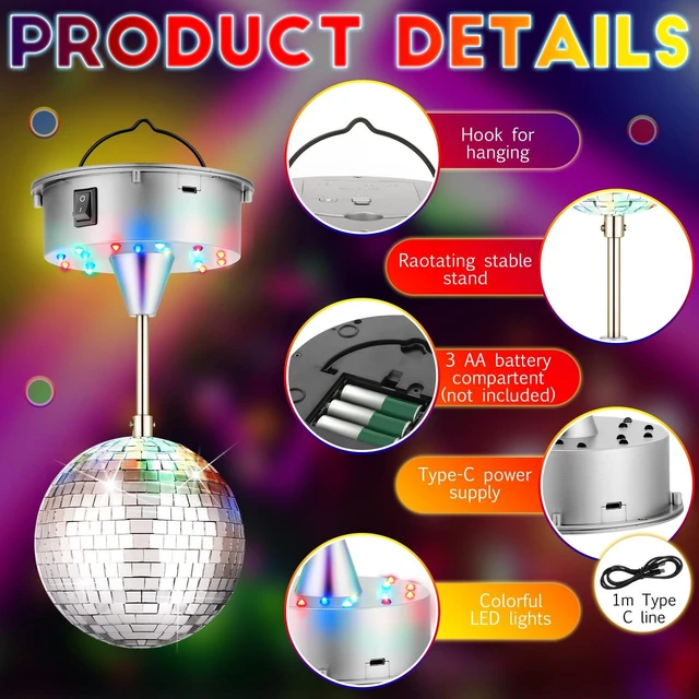 Alt view image 3 of 6 - Retisee Disco Ball Light 5" Mirror Ball Motor Hanging Rotating, Silver | Disco 90s Party Decor, 5rpm with 3 Light Color and 18 LED, Hanging and Table 2 Use, Wedding Bar Club Band Stage Home Birthday
