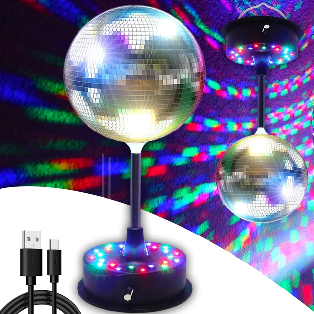 Main image of 6''Rotating Mirrors Disco Ball Light Hanging Silver Glitter Ball with 5RPM-9RPM Adjustable Rotary Motor Base 24 RGB LED Mood Lights Great for Party Club Stage Dance Bar (USB Powered/Battery Powered