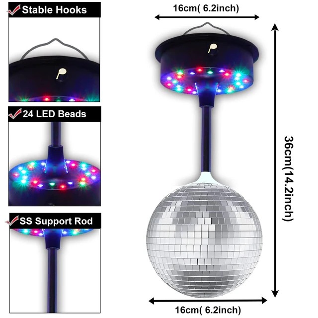 Alt view image 2 of 7 - 6''Rotating Mirrors Disco Ball Light Hanging Silver Glitter Ball with 5RPM-9RPM Adjustable Rotary Motor Base 24 RGB LED Mood Lights Great for Party Club Stage Dance Bar (USB Powered/Battery Powered