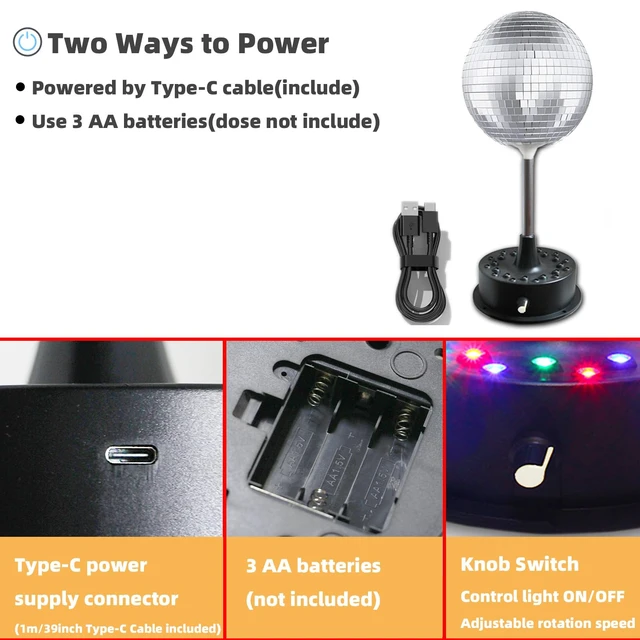 Alt view image 3 of 7 - 6''Rotating Mirrors Disco Ball Light Hanging Silver Glitter Ball with 5RPM-9RPM Adjustable Rotary Motor Base 24 RGB LED Mood Lights Great for Party Club Stage Dance Bar (USB Powered/Battery Powered