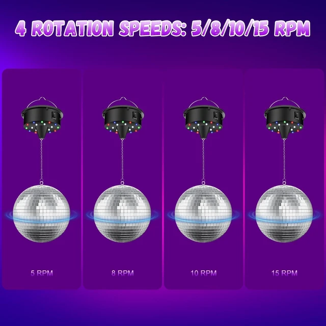 Alt view image 3 of 7 - Disco Ball with Motor and Light, 4 Colors Light with 18 LED Beads | 5/8/10/15 RPM Rotating Motor with 6" Mirror Ball Remote for 70s 80s DJ Club, Wedding, Birthday, Party Essential