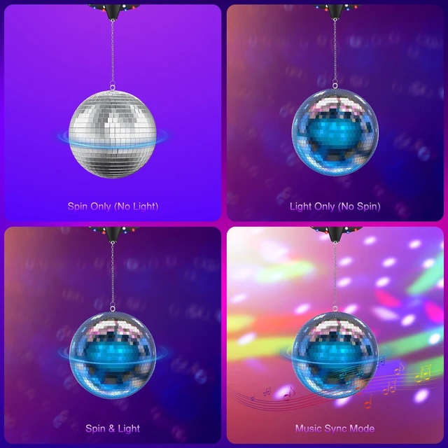 Alt view image 5 of 7 - Disco Ball with Motor and Light, 4 Colors Light with 18 LED Beads | 5/8/10/15 RPM Rotating Motor with 6" Mirror Ball Remote for 70s 80s DJ Club, Wedding, Birthday, Party Essential