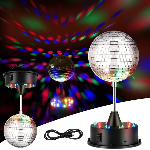 Main image of Retisee Disco Ball Light 5" Mirror Ball Motor Hanging Rotating, Black | Disco 90s Party Decor, 5rpm with 3 Light Color and 18 LED, Hanging and Table 2 Use, Wedding Bar Club Band Stage Home Birthday