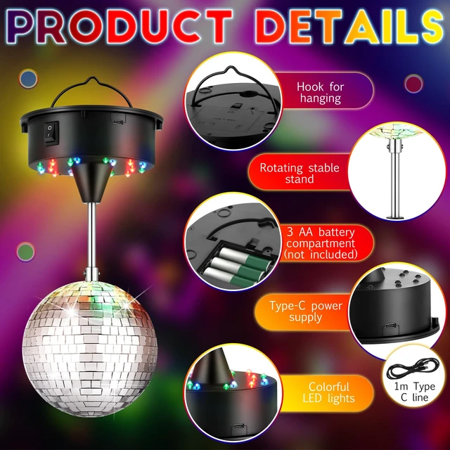 Alt view image 3 of 6 - Retisee Disco Ball Light 5" Mirror Ball Motor Hanging Rotating, Black | Disco 90s Party Decor, 5rpm with 3 Light Color and 18 LED, Hanging and Table 2 Use, Wedding Bar Club Band Stage Home Birthday
