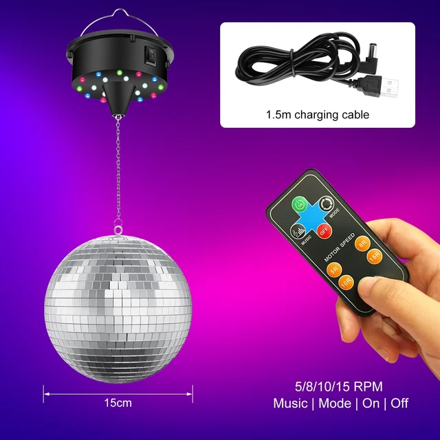 Alt view image 7 of 7 - Disco Ball with Motor and Light, 4 Colors Light with 18 LED Beads | 5/8/10/15 RPM Rotating Motor with 6" Mirror Ball Remote for 70s 80s DJ Club, Wedding, Birthday, Party Essential