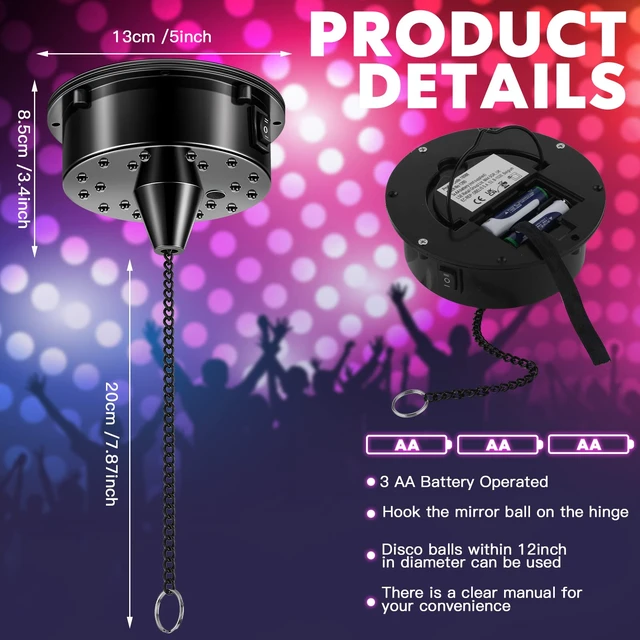 Alt view image 2 of 7 - Tuanse 6rpm Rotating Disco Ball Mount Electric Motor with Lights Battery | 4 Colors, 2 Mode, Rotating Ball Mount with Chain, Fits 6/8/12 Inch Balls Not Included, for Clubs Stages Night Bands Djs