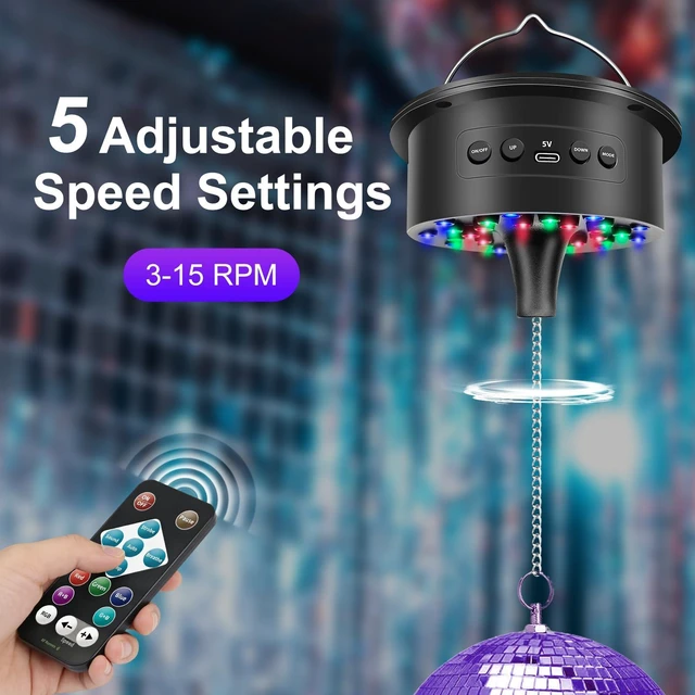 Alt view image 5 of 7 - Disco Ball with Lights, Palujorty 6'' Mirror Ball and 3-15 RPM 30 LED Motor with Remote for Disco Party Decoration, Wedding, Birthday(USB/Battery Powered)