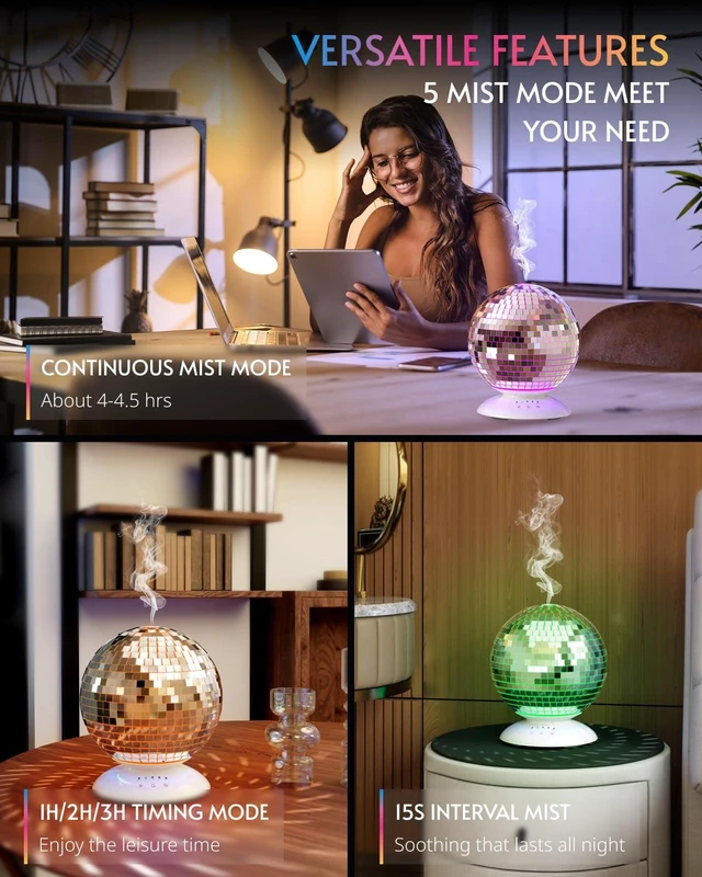 Alt view image 5 of 6 - Disco Mirror Diffuser 360° Rotating 8 Ligth Modes 4 Timer Setting | Aromatherapy Diffuser, Cute Home Disco Decor Great Decoration and Accessories for Disco Party, Room, Office (Silver)