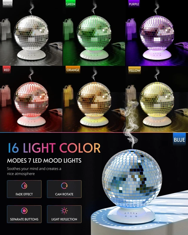 Alt view image 3 of 6 - Disco Mirror Diffuser 360° Rotating 8 Ligth Modes 4 Timer Setting | Aromatherapy Diffuser, Cute Home Disco Decor Great Decoration and Accessories for Disco Party, Room, Office (Silver)