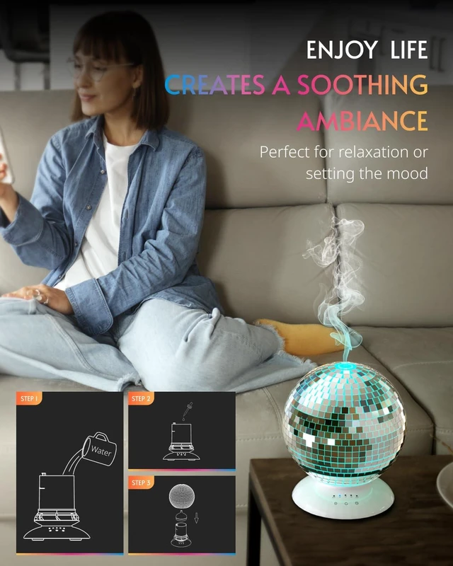 Alt view image 6 of 6 - Disco Mirror Diffuser 360° Rotating 8 Ligth Modes 4 Timer Setting | Aromatherapy Diffuser, Cute Home Disco Decor Great Decoration and Accessories for Disco Party, Room, Office (Silver)