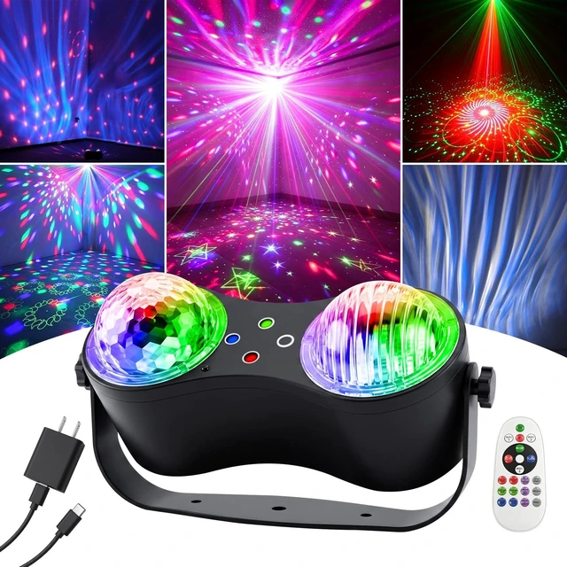 Main image of FALOVE 3-in-1 Disco Two Ball Lights, Colorful Magic Lamp Aurora Effect | Remote Control, Sound Activation, Red & Green Beams, Dynamic Lighting for Karaoke Dance Home Party, Xmas and Halloween Decor